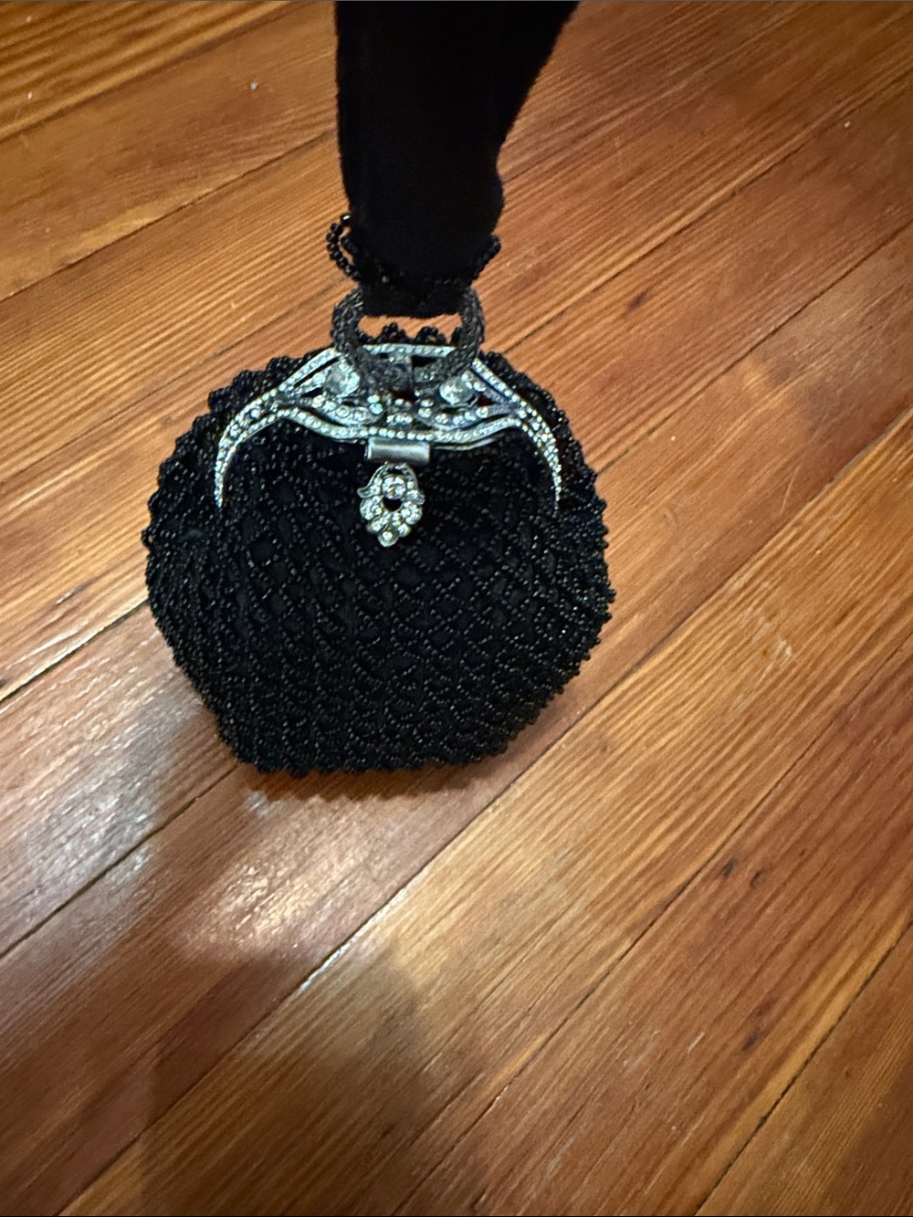 Aqua Black Beaded Evening Wristlet with Rhinestone Frame
